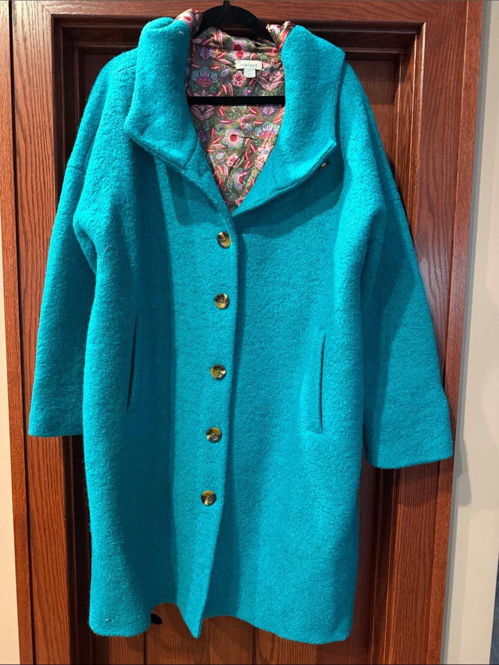 Sundance Turquoise Wool-Blend Pea Coat with Floral Lining, NWOT